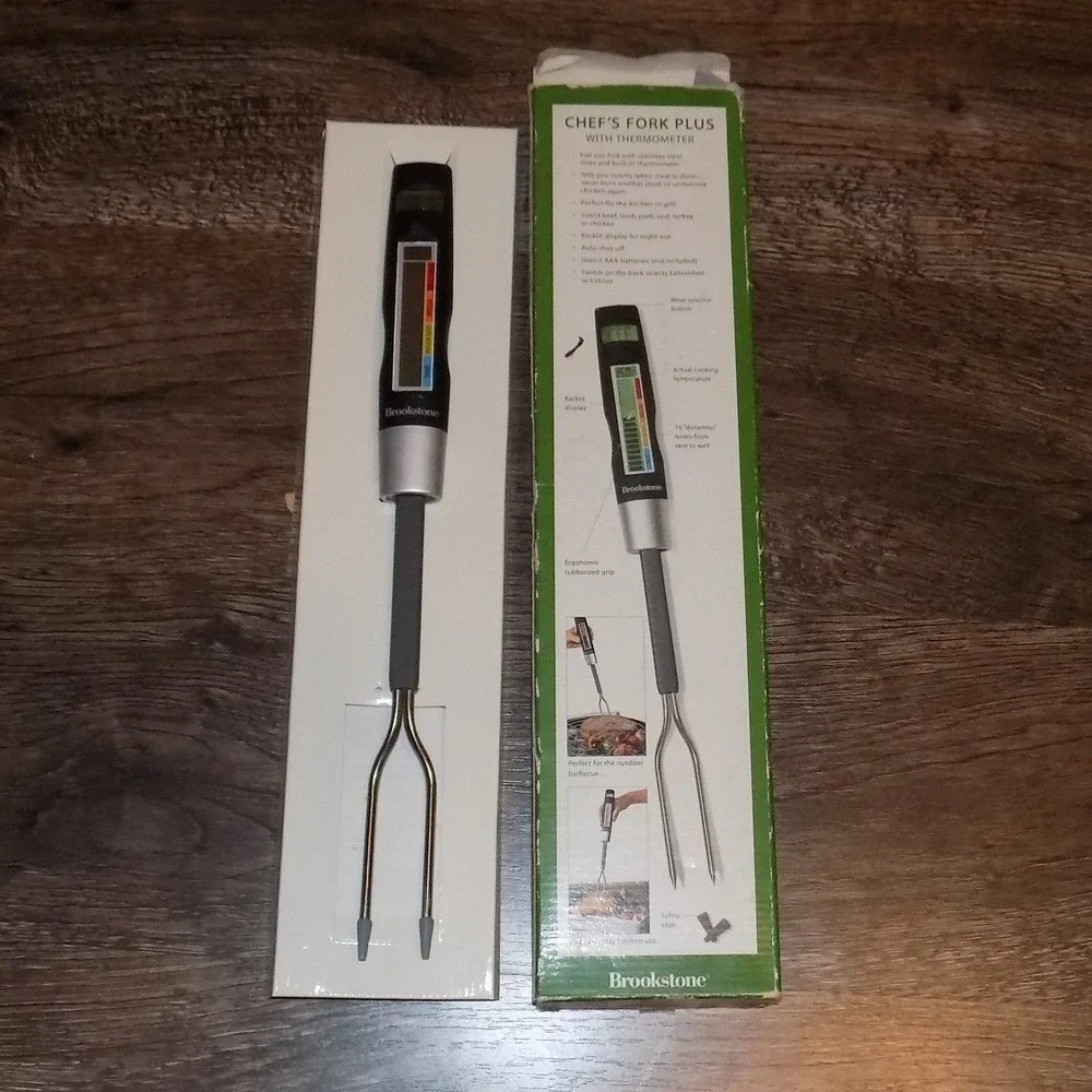 Brookstone Chef's Fork Plus Digital Meat Thermometer Black Silver New‎